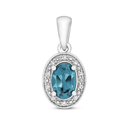 London Blue Topaz and Diamond Oval Pendant 9ct White Gold Necklace Real Stones