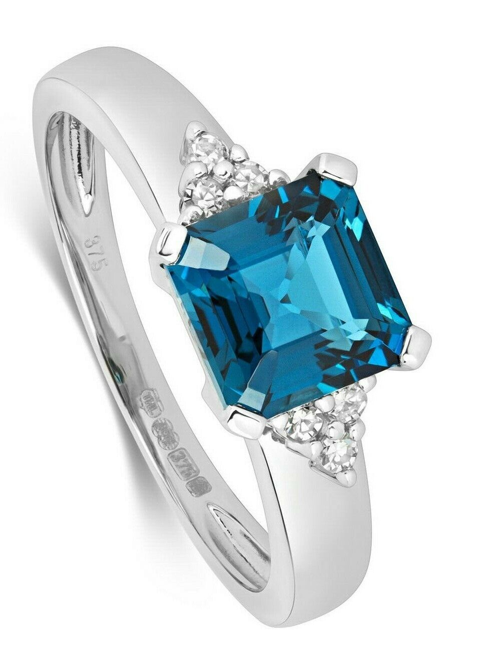 Real London Blue Topaz and Diamond Ring Solid White Gold Square Cut Solitaire
