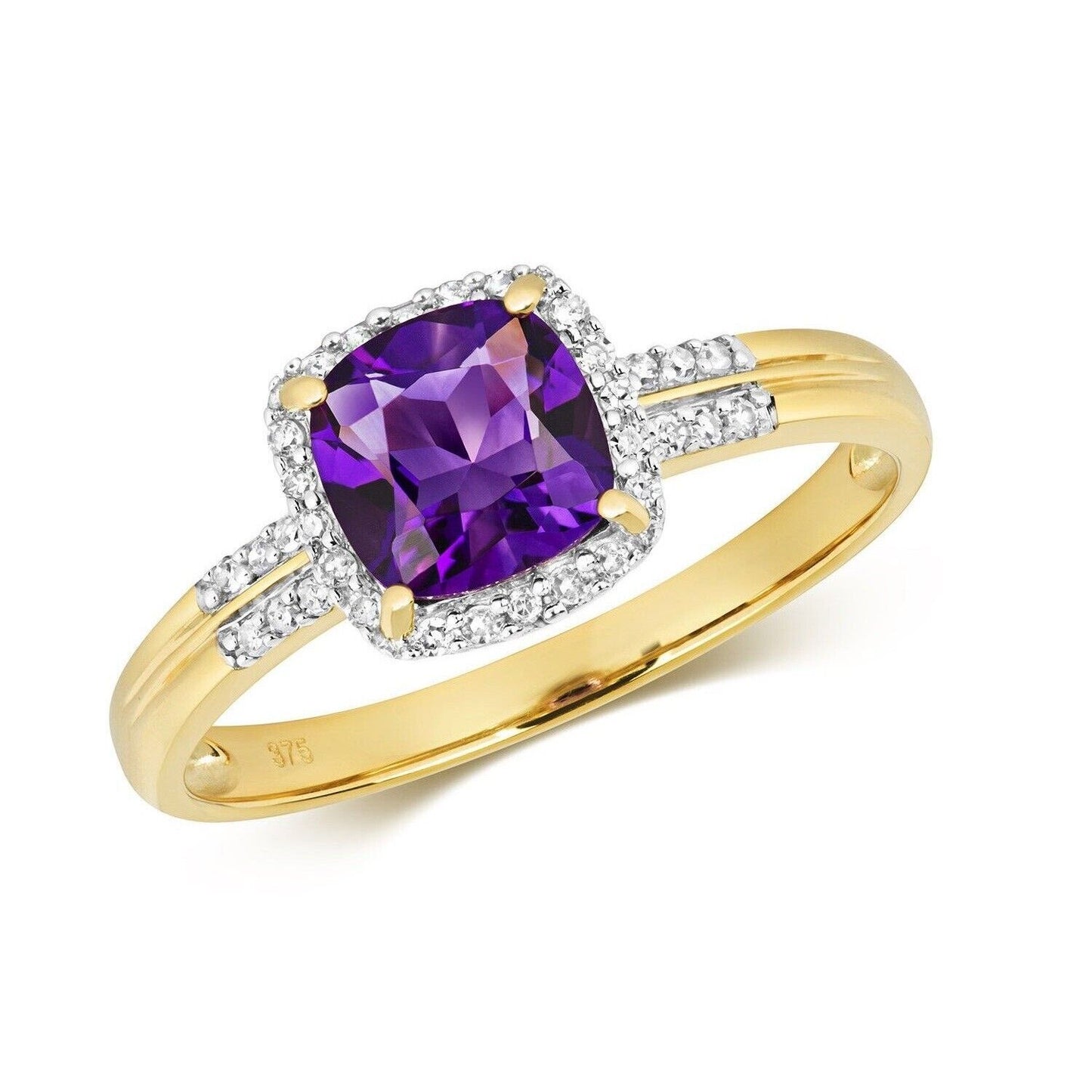 Real Amethyst and Diamond Ring Solid Yellow Gold Cushion Cluster Size J - Q