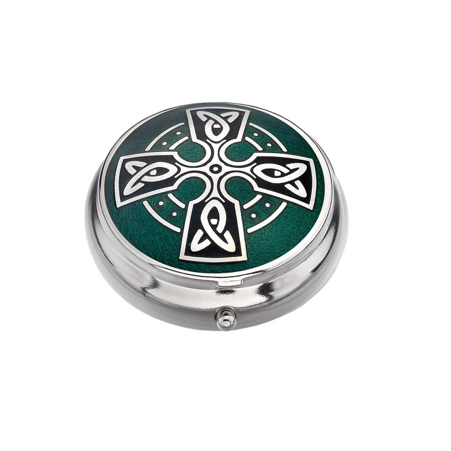 Pillbox Silver Plated Cross Head Celtic Design Green Brand New and Boxed