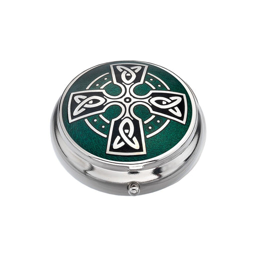 Pillbox Silver Plated Cross Head Celtic Design Green Brand New and Boxed