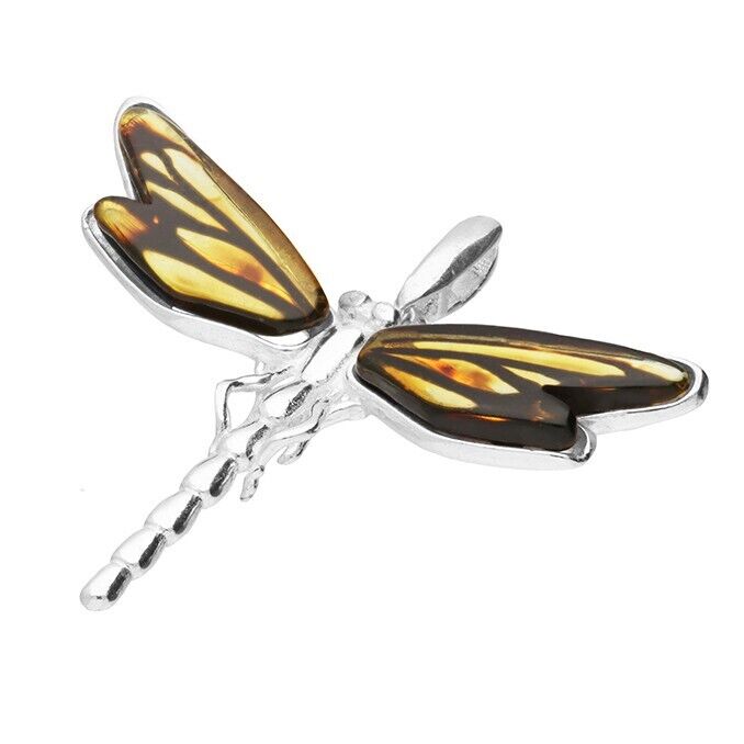 Multi Amber Dragonfly Pendant and Chain Solid Sterling Silver 925