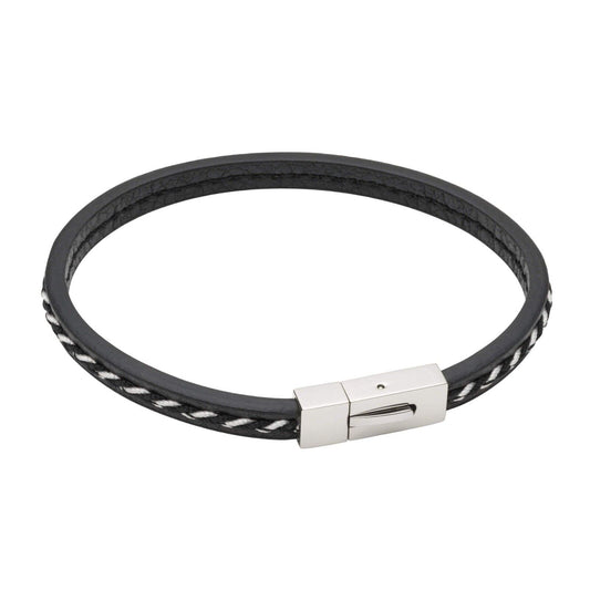 Fred Bennett Black Recycled Leather Bracelet with Cord Detail 22cm B5422