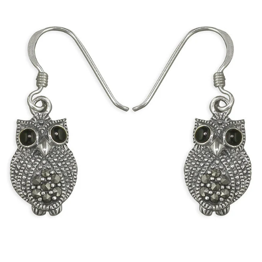 Marcasite Owl Drop Earrings Solid Sterling Silver 925 Hallmark