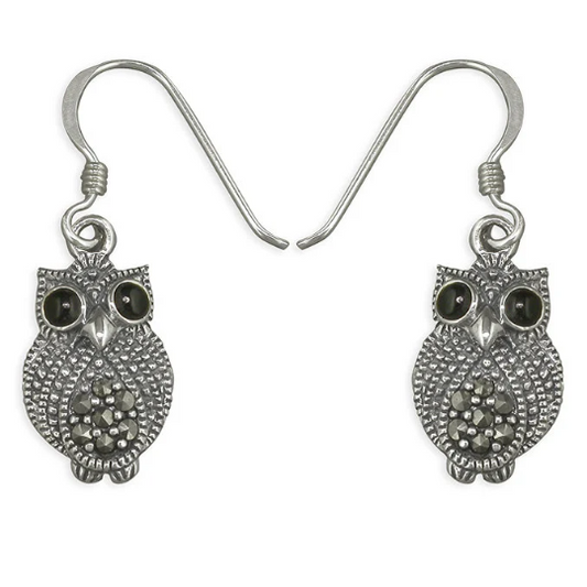 Marcasite Owl Drop Earrings Solid Sterling Silver 925 Hallmark