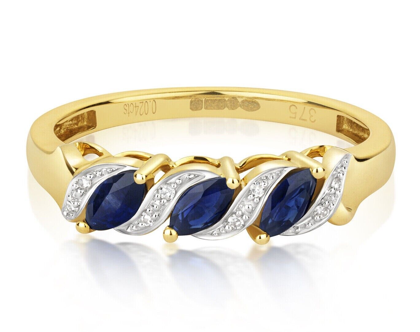 Real Sapphire and Diamond Ring Solid Yellow Gold Marquise Three Stone Size J-Q
