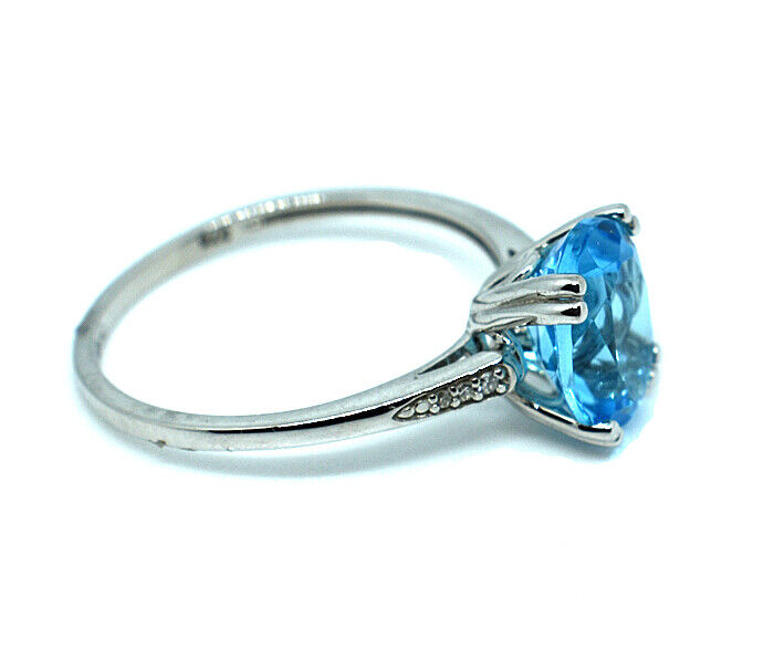 Blue Topaz and Diamond Solitaire Ring Solid White Gold Large Oval 10 x 8mm
