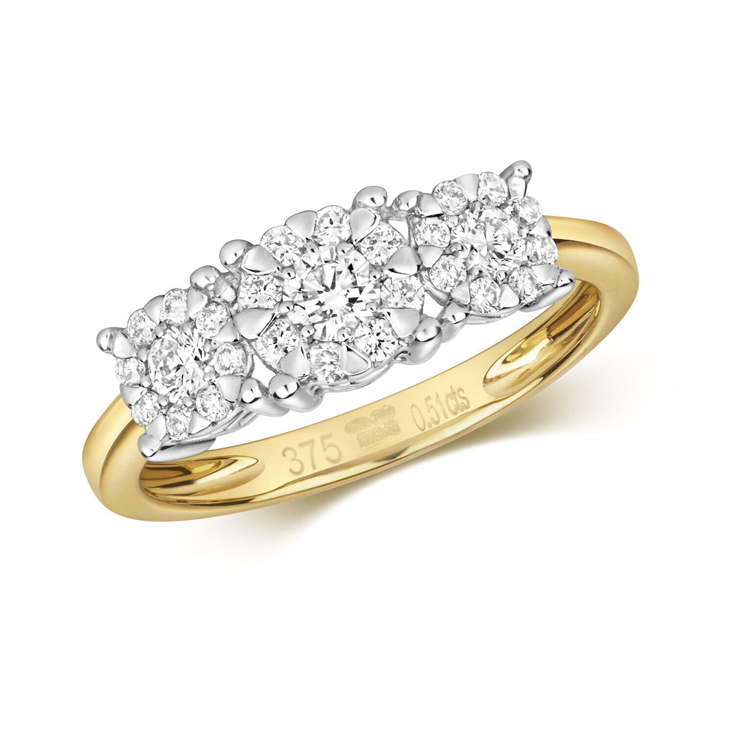 Real Diamond Three Cluster Ring 9ct Yellow Gold 0.51 carat of Diamonds