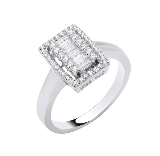 Sterling Silver Rectangular Halo Style Ring Size J - Q British Made 925 Hallmark