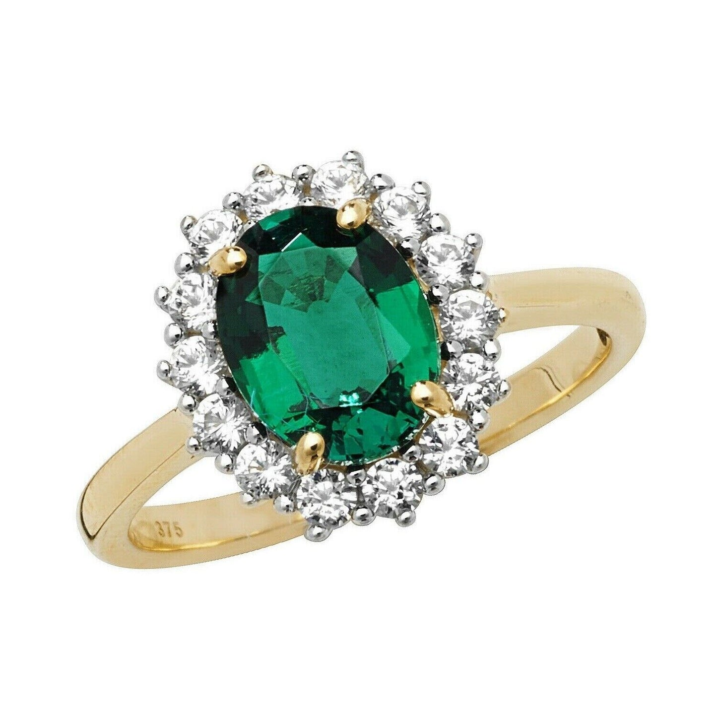 Yellow Gold Emerald Ring White Sapphire Engagement Cluster Dress Hallmarked