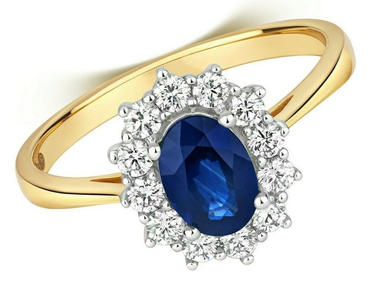 Real Sapphire and Diamond Ring 18ct Yellow Gold Oval Cluster Size J - Q