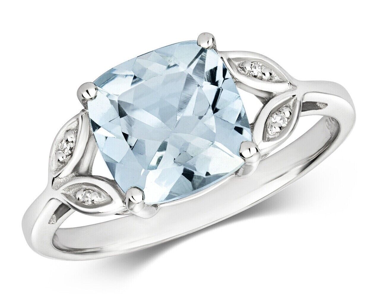 Real Aquamarine and Diamond Ring Solid White Gold Cushion Gem Size JKLMNOPQ