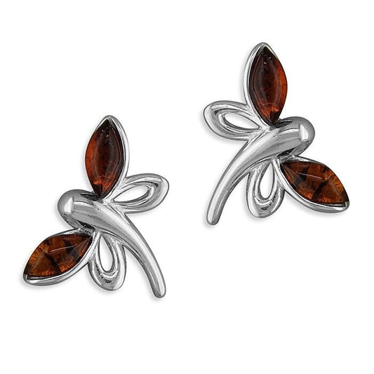 Cognac Amber Dragonfly Stud Earrings Solid Sterling Silver 925