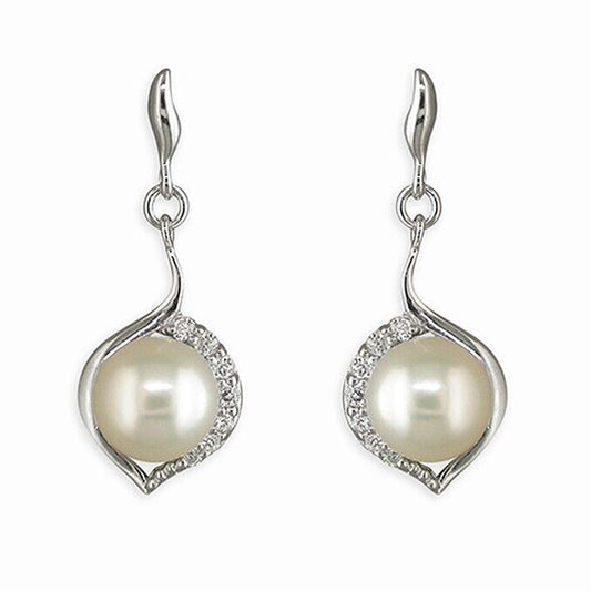 White Freshwater Pearl Earrings in Cubic Zirconia Drop Solid Sterling Silver 925