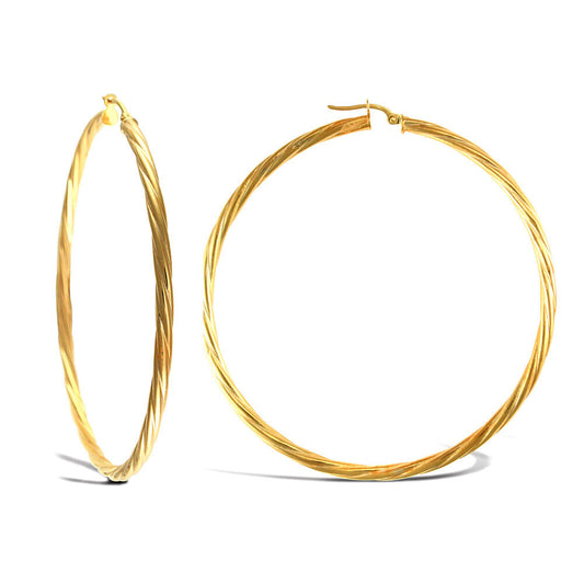 9ct Yellow Gold Hoop Twist Style Earrings British Made Hallmarked 65mm