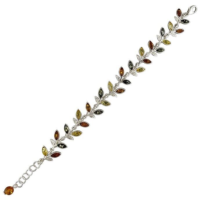 Mixed Amber Leaf Bracelet Solid Sterling Silver 925 19.5cm