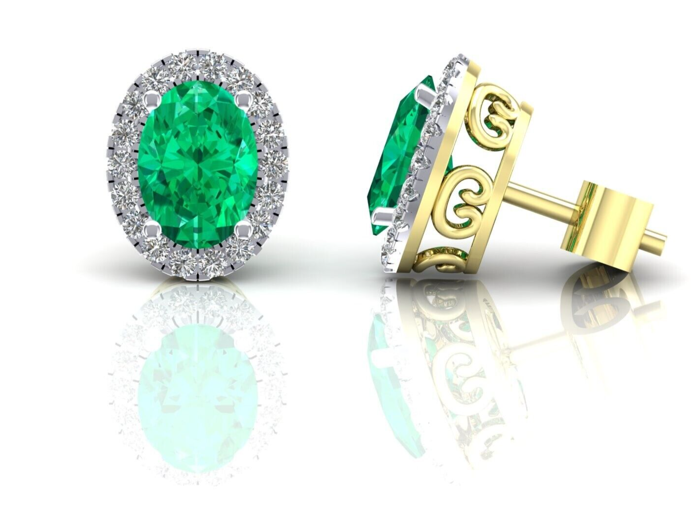 9ct Yellow Gold Emerald Cluster Stud Earrings Oval Studs Hallmarked