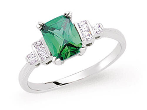Emerald Rectangular Solitaire Ring Solid Sterling Silver Platinum Finish