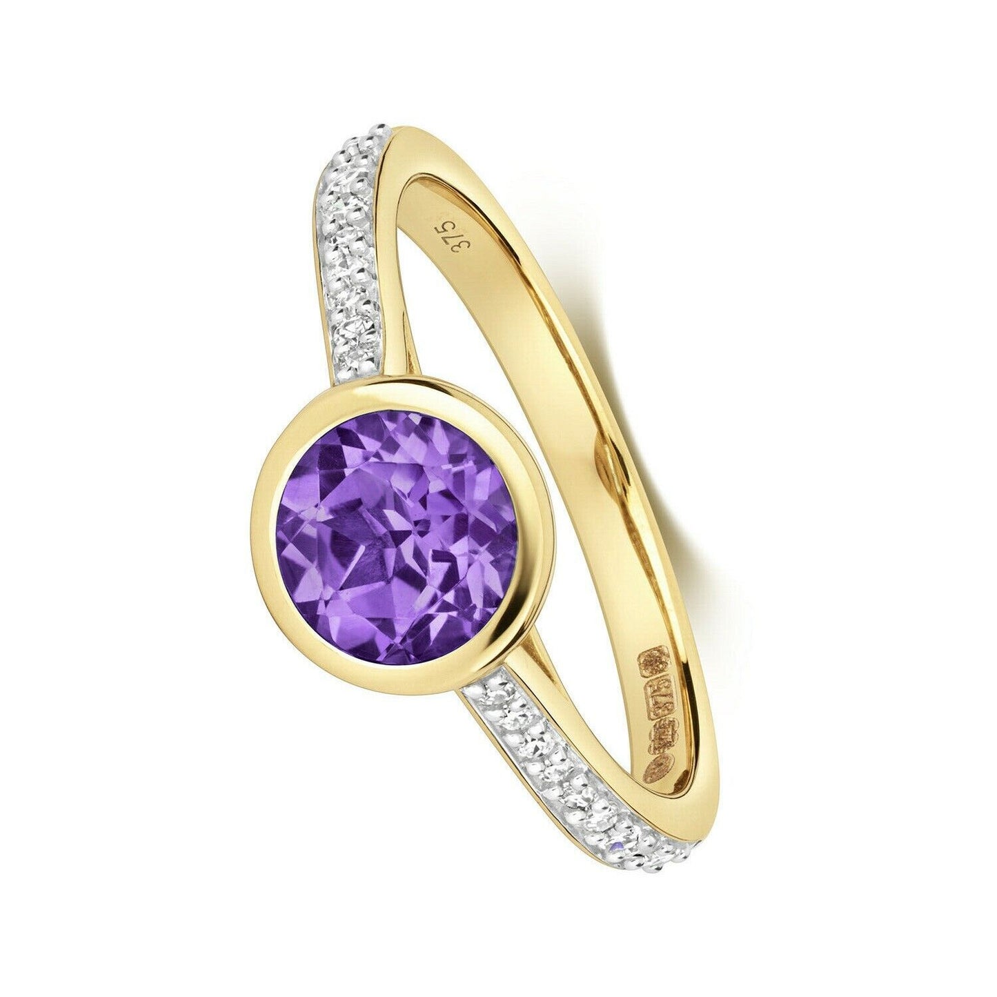 Real Amethyst and Diamond Ring Solid Yellow Gold Flush Solitaire Size JKLMNOPQ