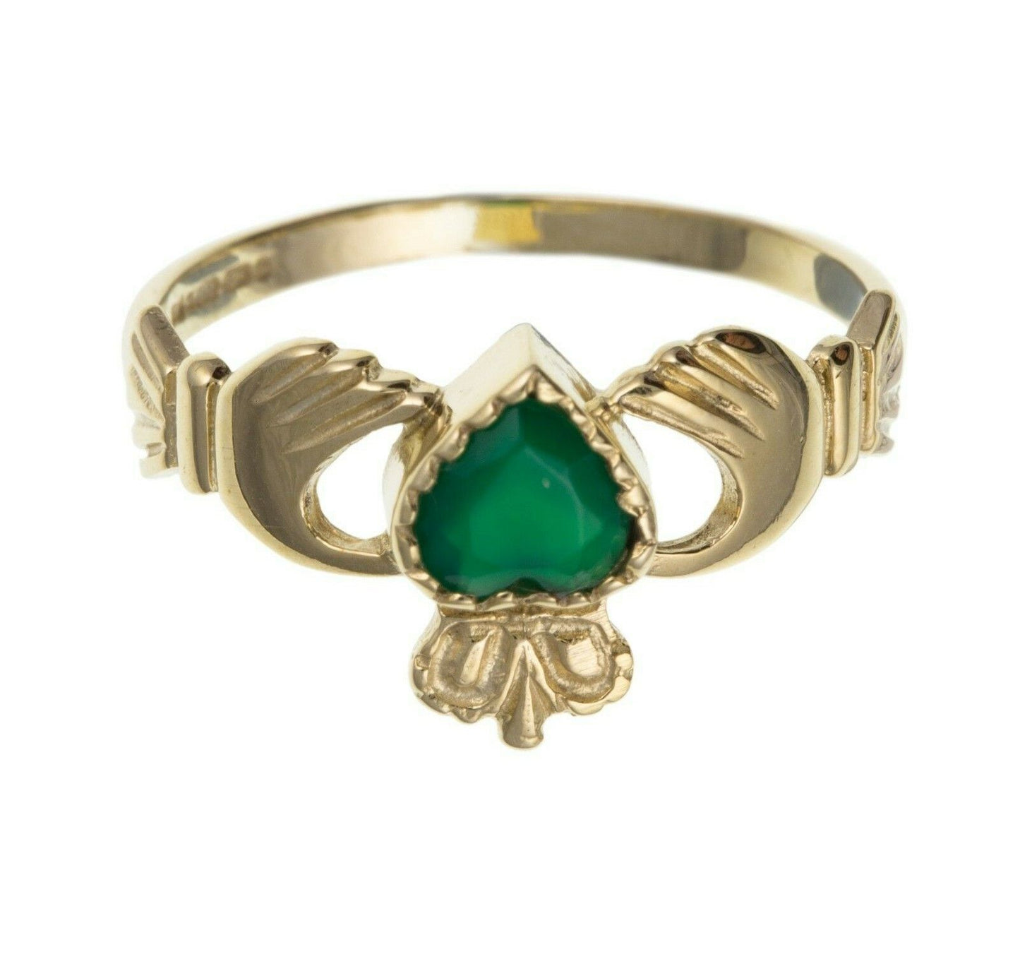 Green Agate Claddagh Ring Solid 9ct Yellow Gold Hallmarked British Made