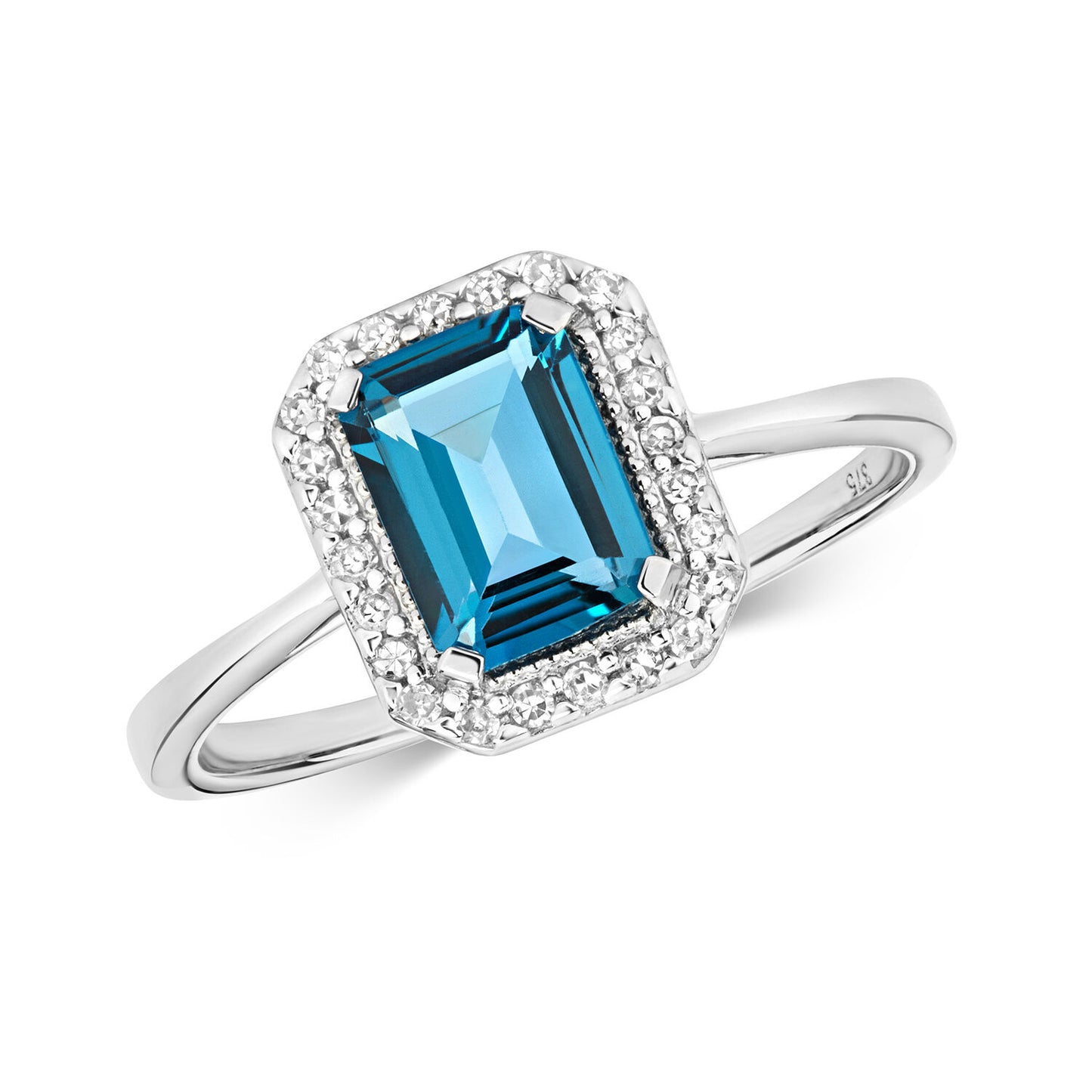 9ct White Gold London Blue Topaz and Diamond Ring Emerald Cut Cluster Size J - Q
