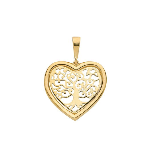 Gold Tree of Life Heart Pendant Yellow Gold 24mm x 18mm British Made
