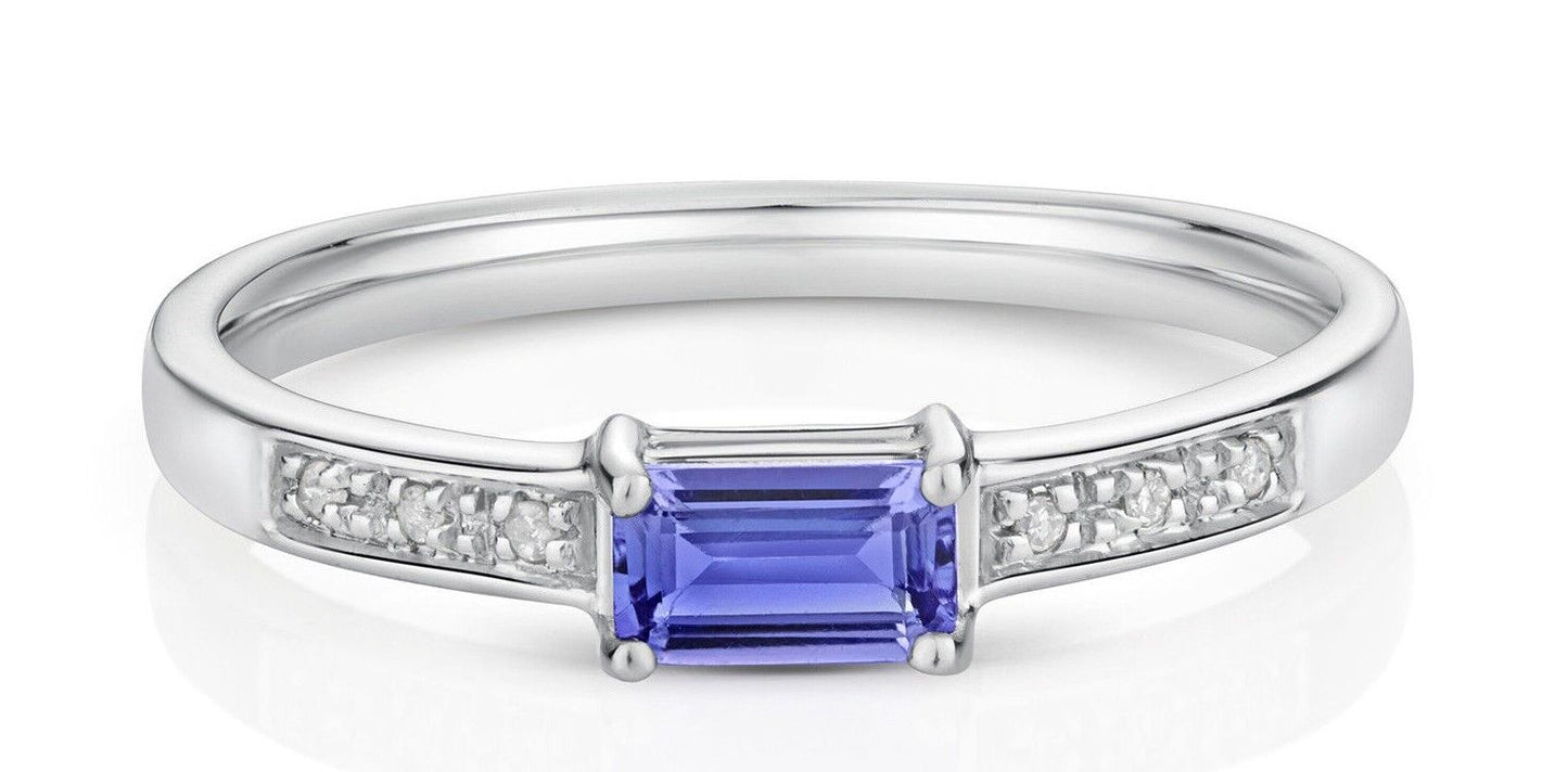 Real Tanzanite and Diamond Ring Emerald Cut Solitaire 9ct White Gold Size J - Q