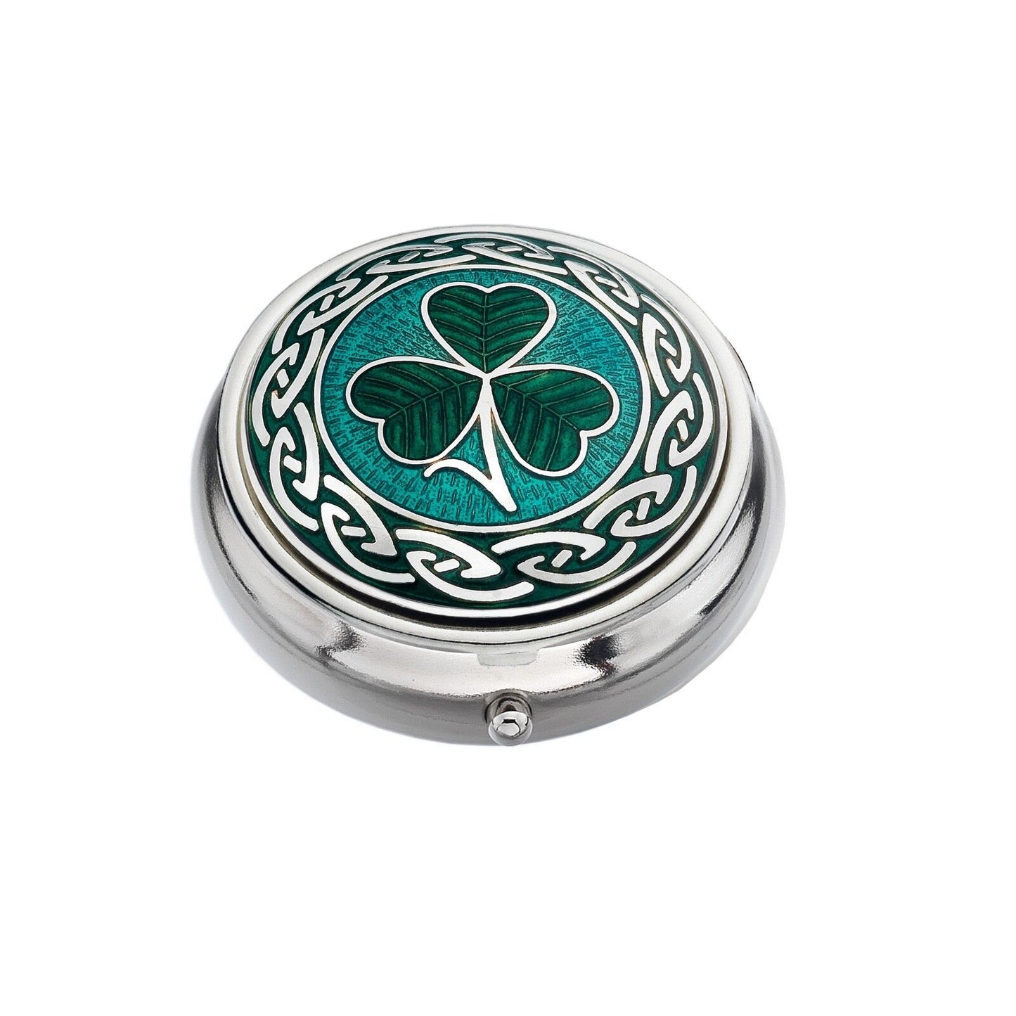 Pillbox Silver Plated Shanrock and Knots Green Brand New and Boxed