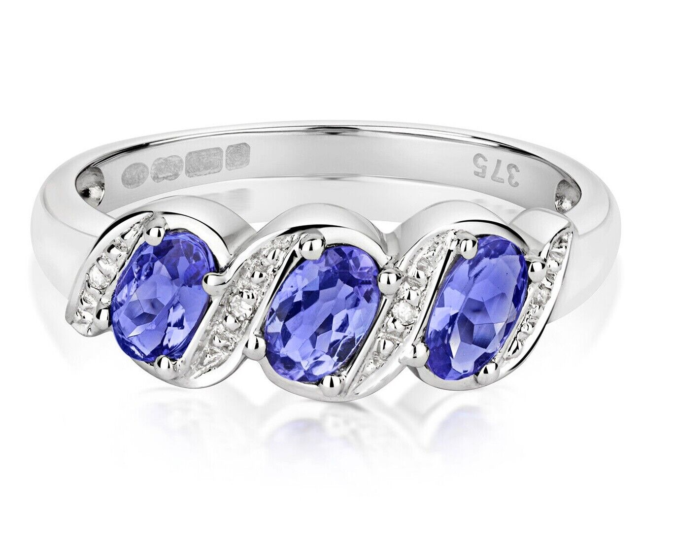 Real Tanzanite and Diamond Trilogy Ring Solid White Gold Three Stone Size J - Q