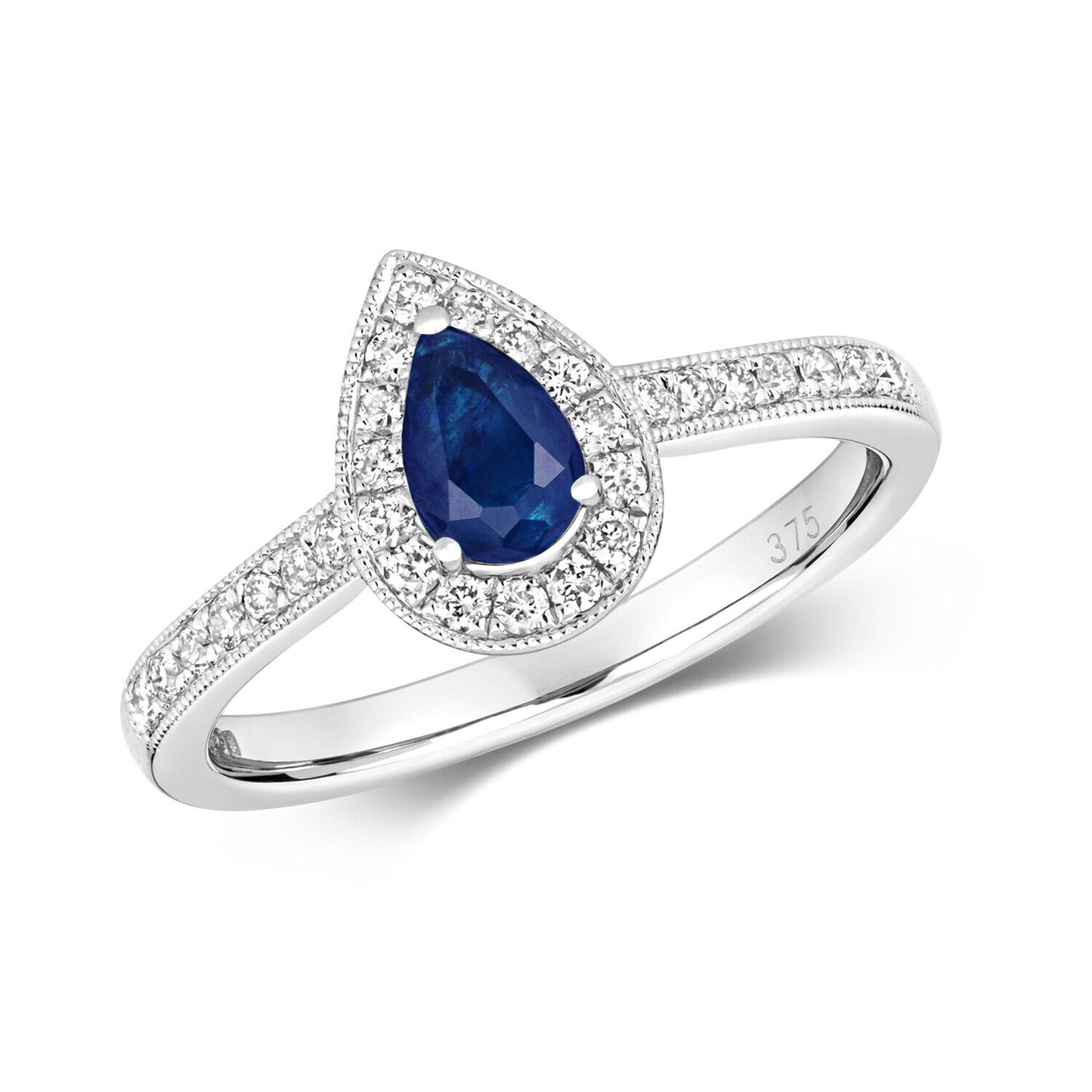 Real Sapphire and Diamond Ring 9ct White Gold Pear Teardrop Cluster Size J - Q