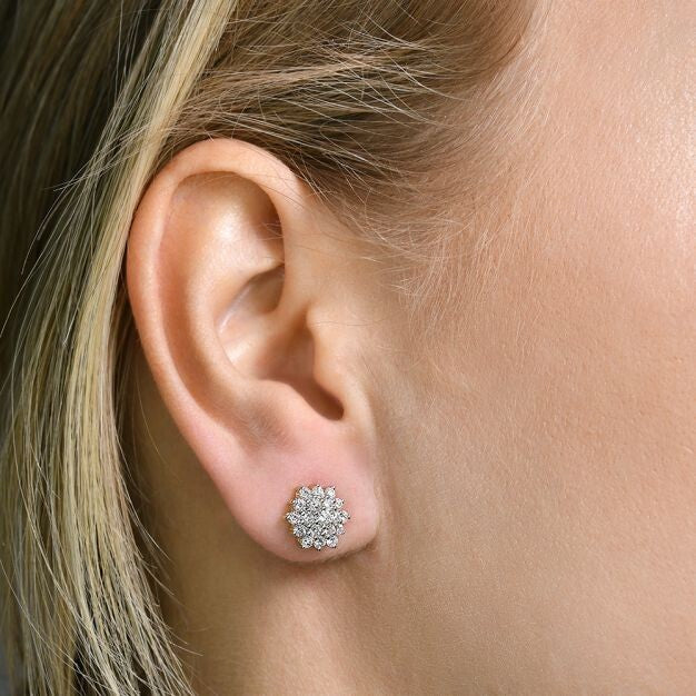 9ct Yellow Gold 1.00ct Diamond Cluster Stud Earrings Hallmarked - 10mm
