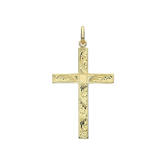 9ct Yellow Gold Patterned Cross Pendant Large 37 x 24mm Christianity Christening