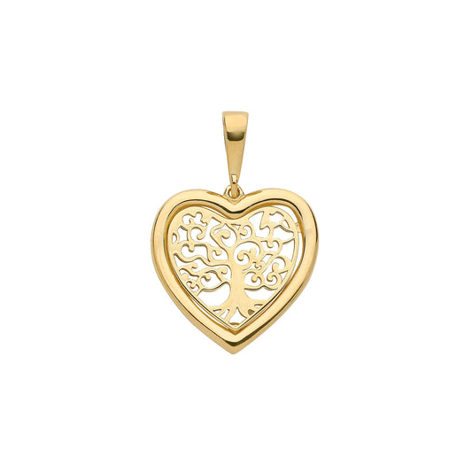Gold Tree of Life Heart Pendant Yellow Gold 21mm x 15mm British Made