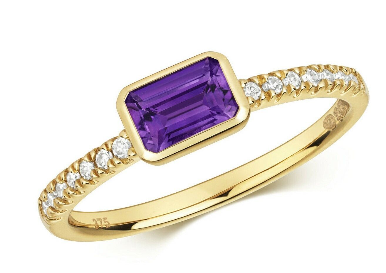 Real Amethyst and Diamond Ring Solid Yellow Gold Emerald Cut Solitaire Size J-Q