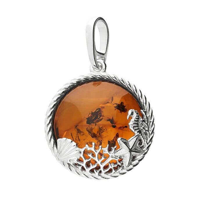 Cognac Amber Sea Life Pendant and Earrings Set Solid Sterling Silver 925