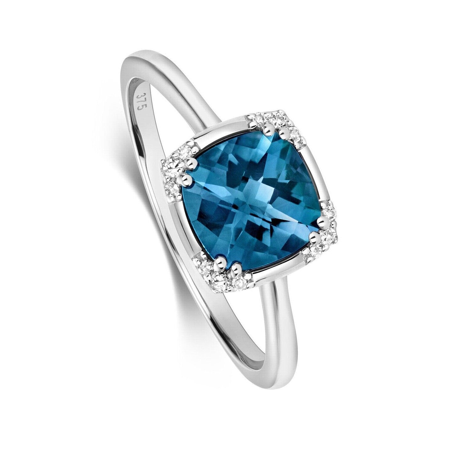 Real London Blue Topaz and Diamond Ring 7mm Cushion Solitaire Size J - Q