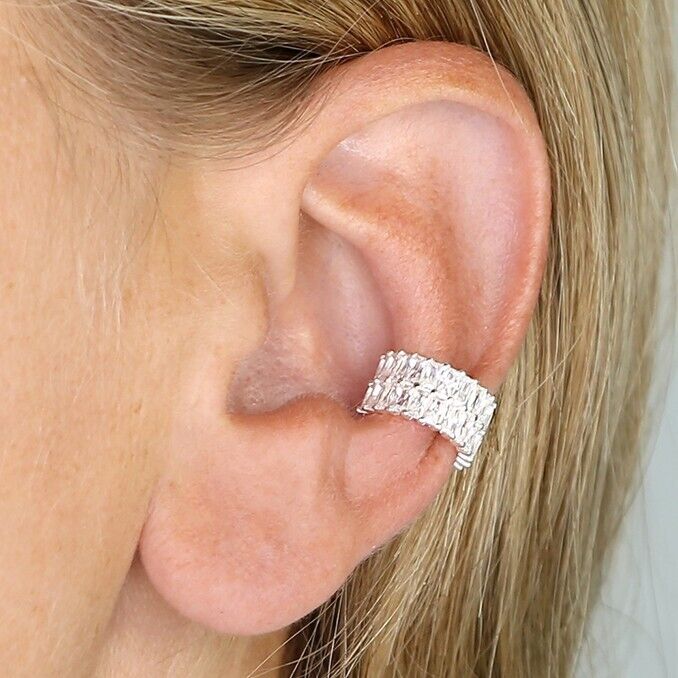 Stunning Cuff Earrings Baguette Solid .925 Sterling Silver Handmade