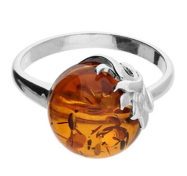 Oval Cognac Amber Leaf Ring Solid Sterling Silver 925 Brand New