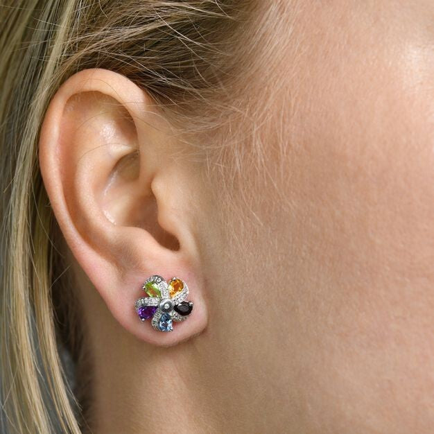 Multi Colour Gems and Diamond Flower Cluster Earrings 9ct White Gold 12.6mm