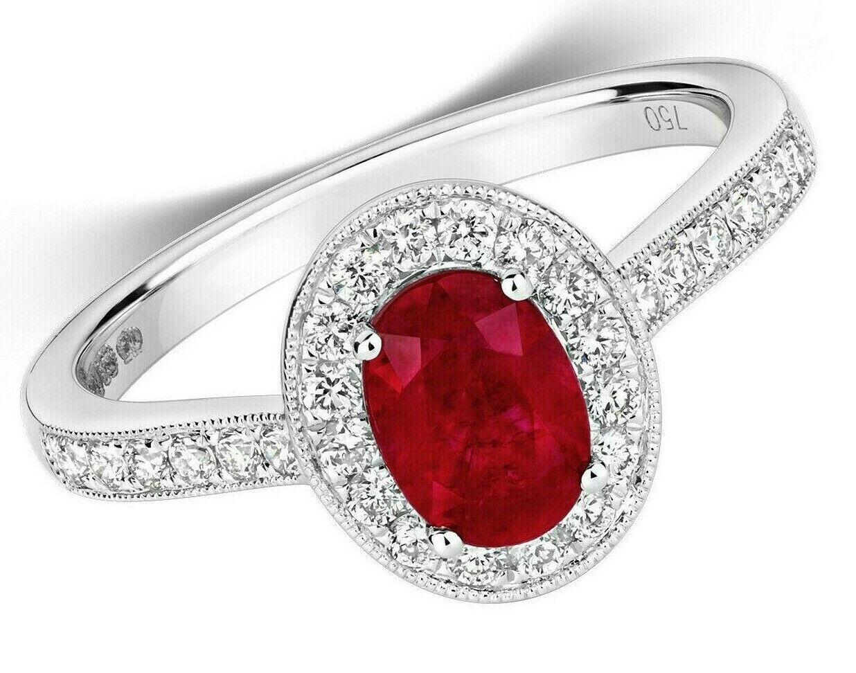 Real Ruby and Diamond Ring 18ct White Gold Oval Halo Cluster 1.33 Carat Weight