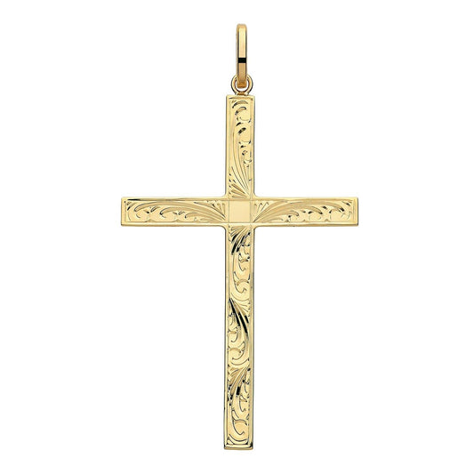 9ct Yellow Gold Patterned Cross Pendant Large 48 x 32mm Christianity Christening