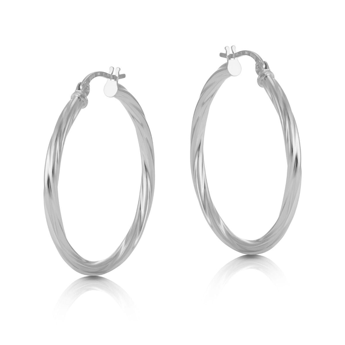 White Gold Twisted Hoop Earrings 30mm Creole Hoops Hallmarked