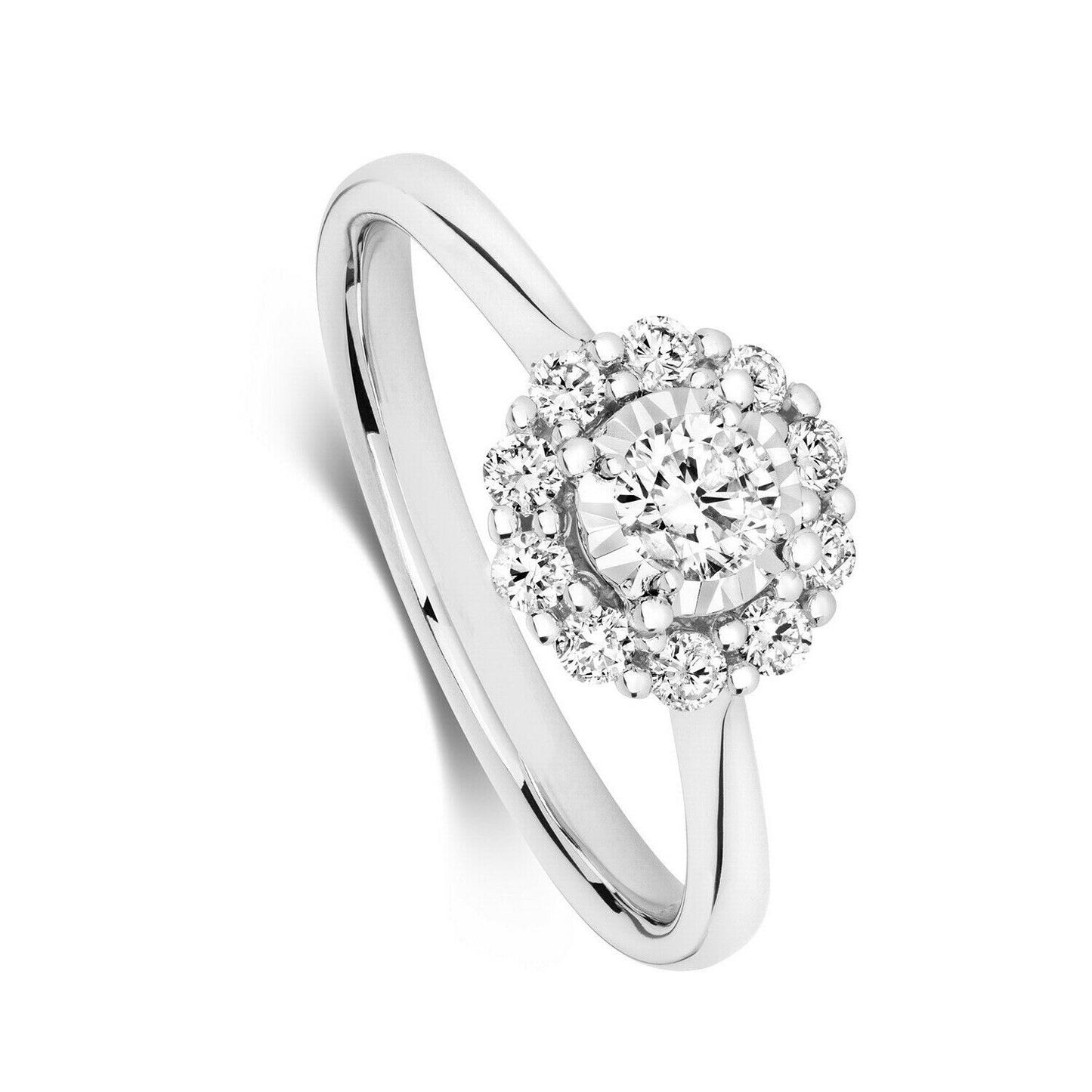Real Diamond Ring 9ct White Gold Solitaire Cluster 0.45 Carat Weight of Diamonds