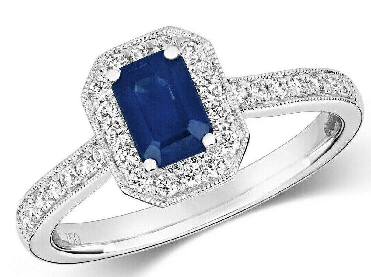 Real Sapphire and Diamond Ring 18ct White Octagon Cluster