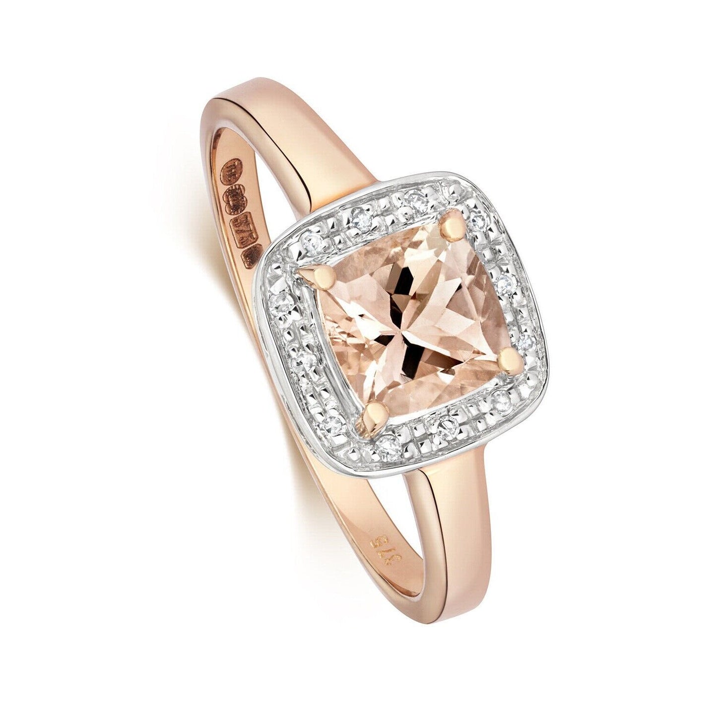 Morganite and Diamond Ring Solid Rose Gold Cushion Halo Cluster Size J - Q