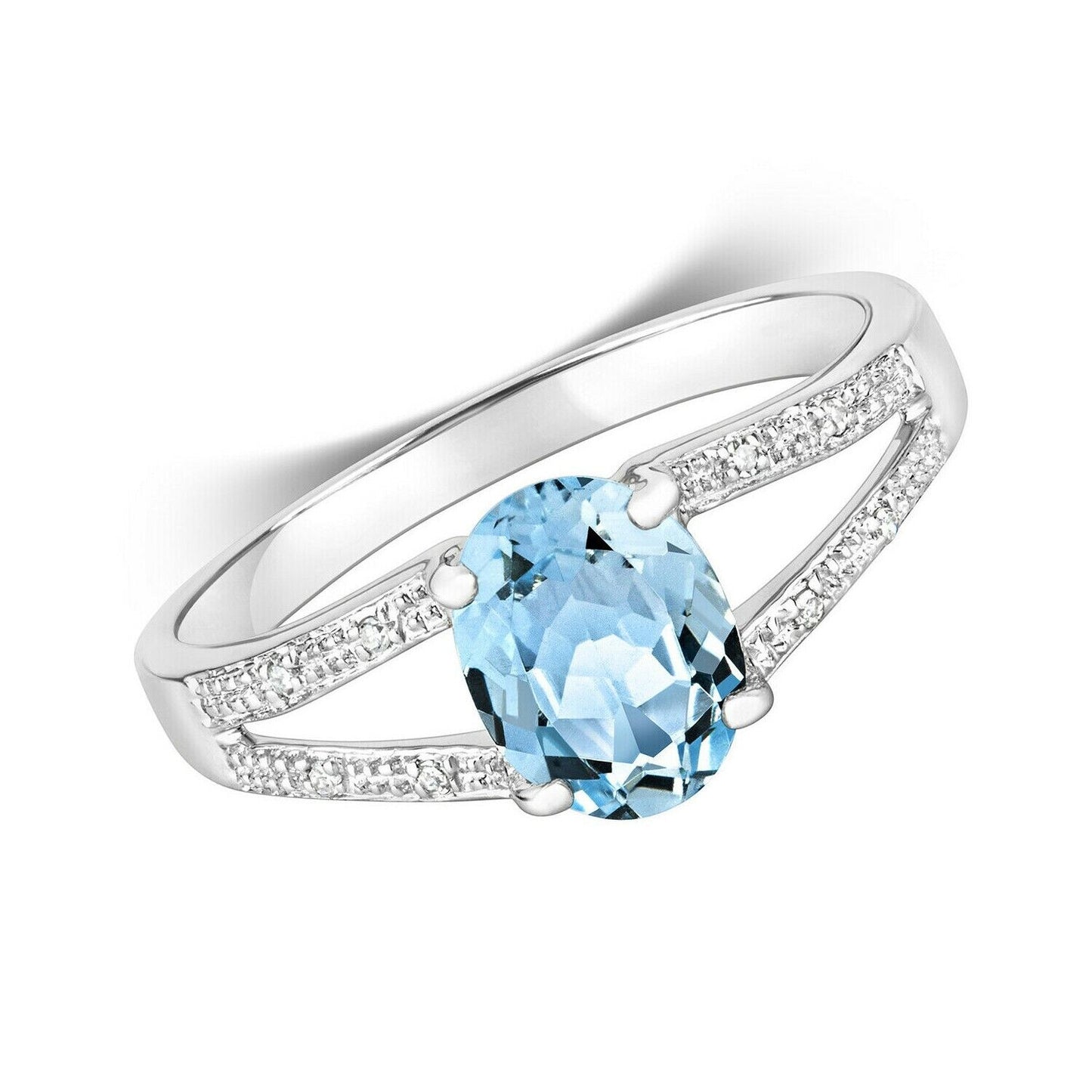 9ct White Gold Aquamarine and Diamond Ring Oval Solitaire Split Shoulder