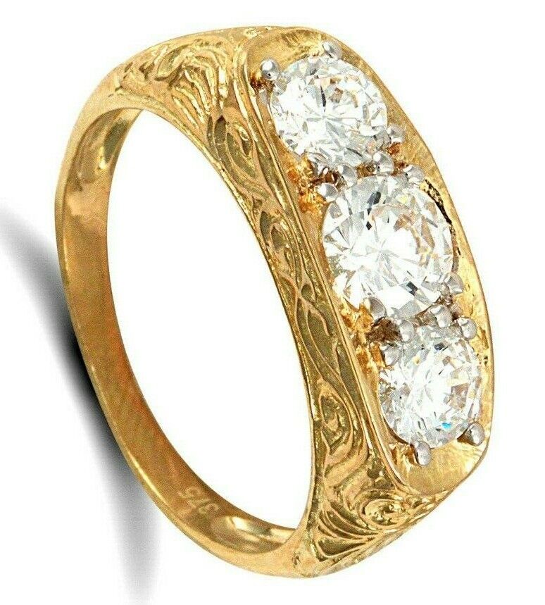 9ct Yellow Gold Gents Three Stone Ring Trilogy Fully Hallmarked
