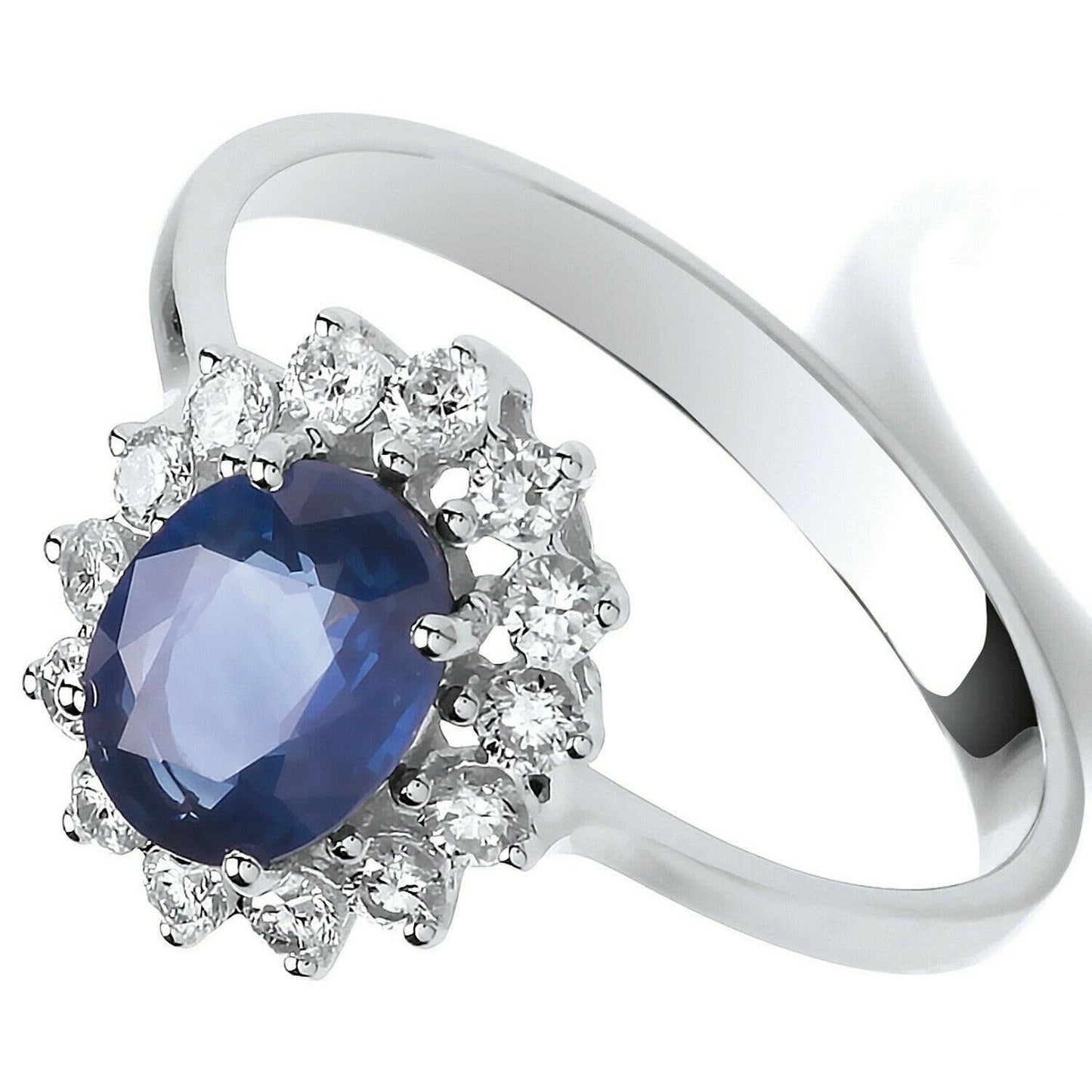 Real Sapphire and Diamond Ring 18ct White Gold Oval Cluster 1.75 Carat Weight