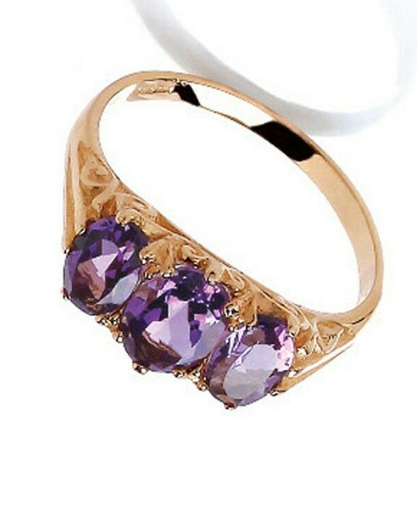 9ct Yellow Gold Amethyst Ring Three Stone Trilogy Fully Hallmarked