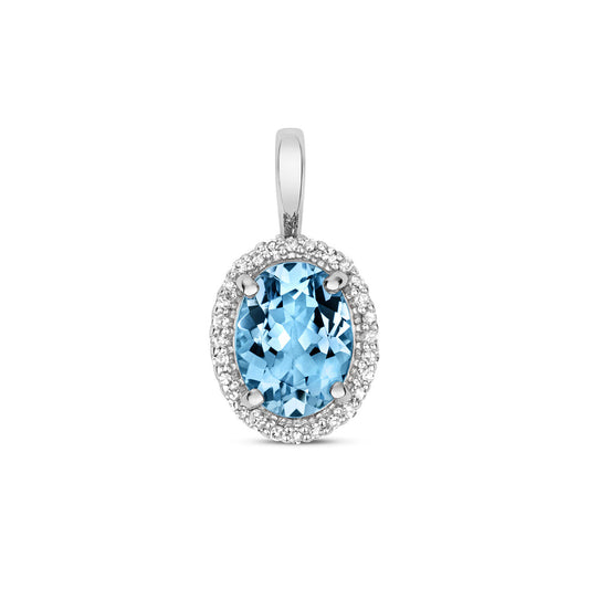 Blue Topaz and Diamond Oval Pendant White Gold Necklace Hallmarked